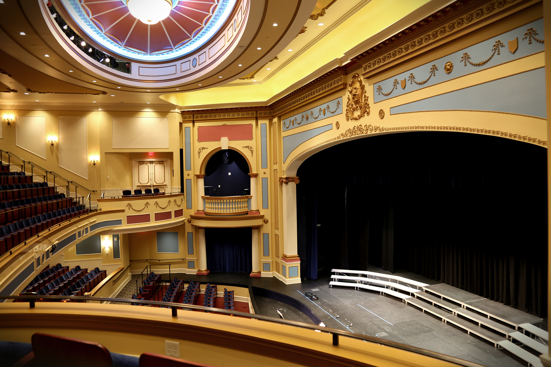 View of the theater and stage from the balcony of the Performing Arts Center of the Catholic Private School.