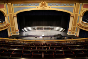 View of the stage and Proscenium from the balcony of the Performing Arts Center of the Catholic Private School.