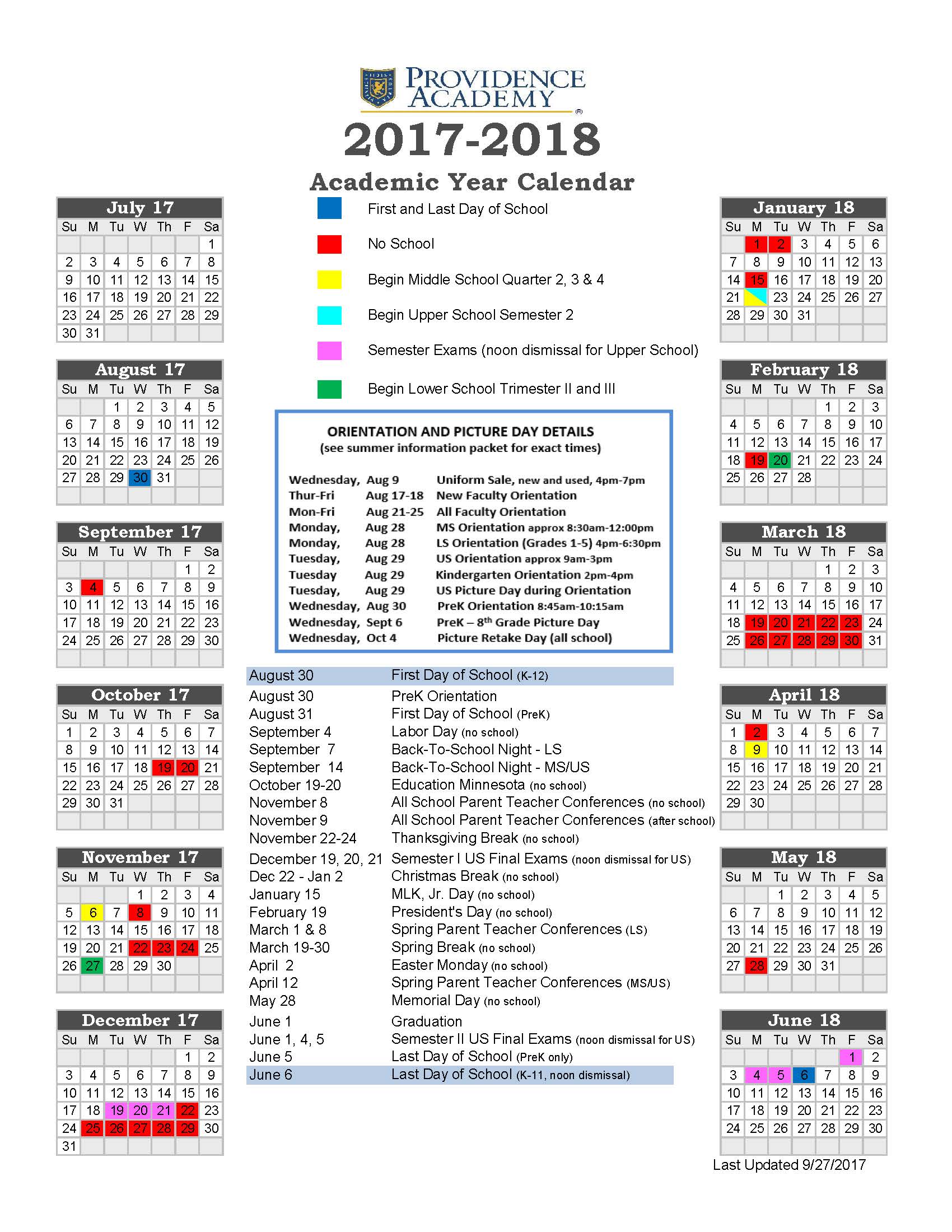 17 18 Updated Academic Calendar Providence Academy