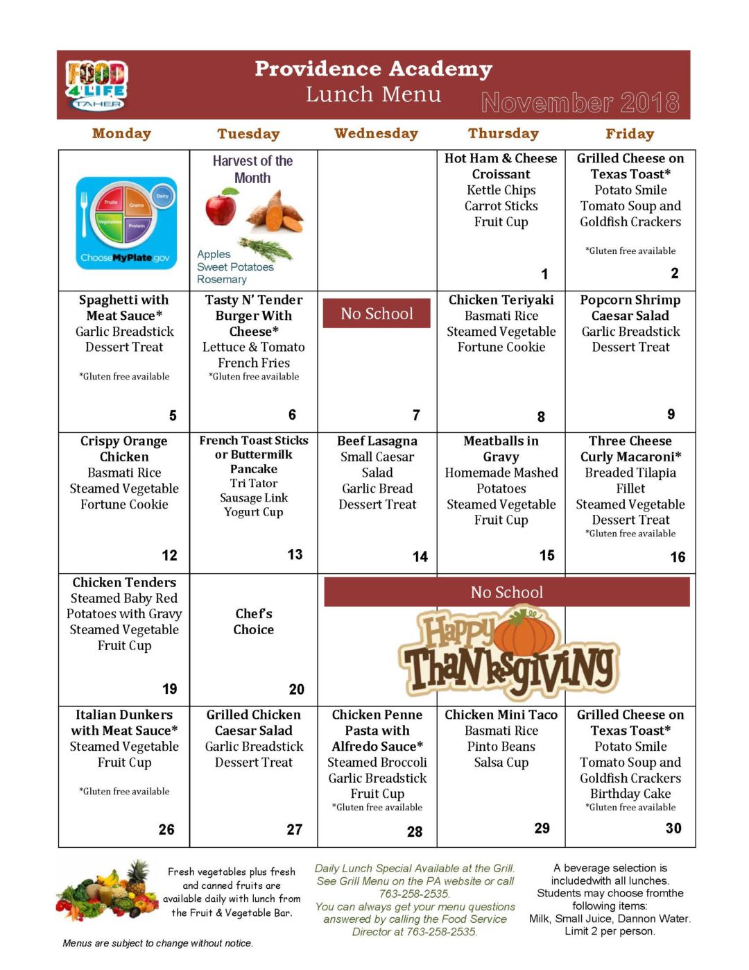 1819_NovemberLunchMenu Providence Academy