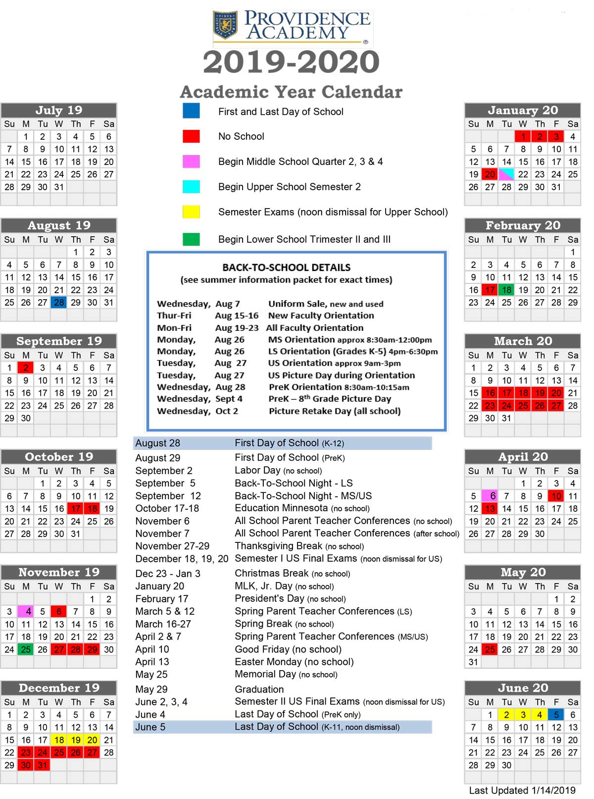 Academic Calendar Providence Academy