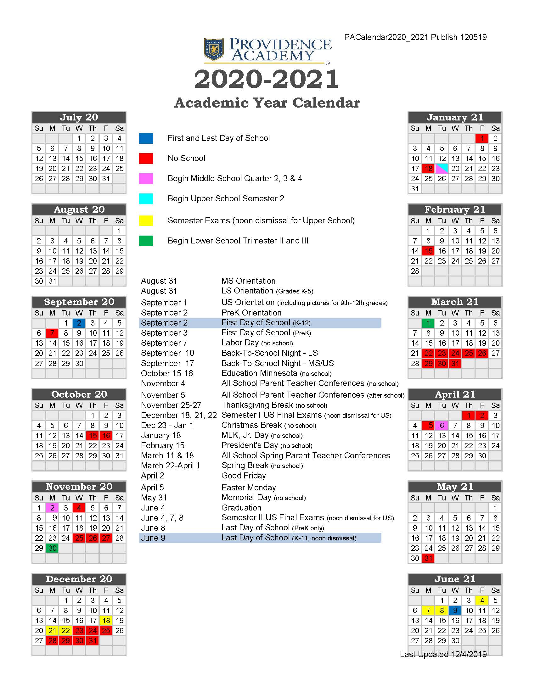 19 20 Providence Academy Academic Calendar 2020 2021 Providence Academy