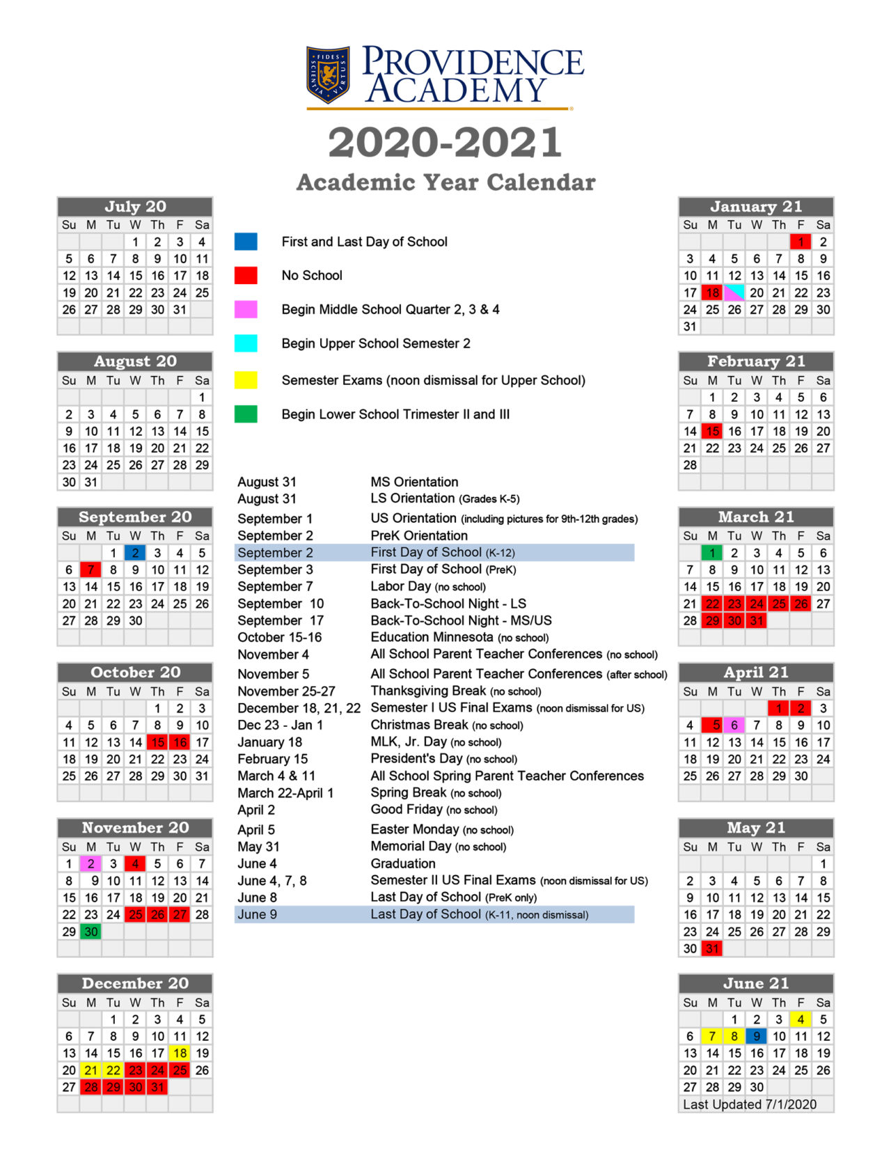 Academic Calendar Providence Academy