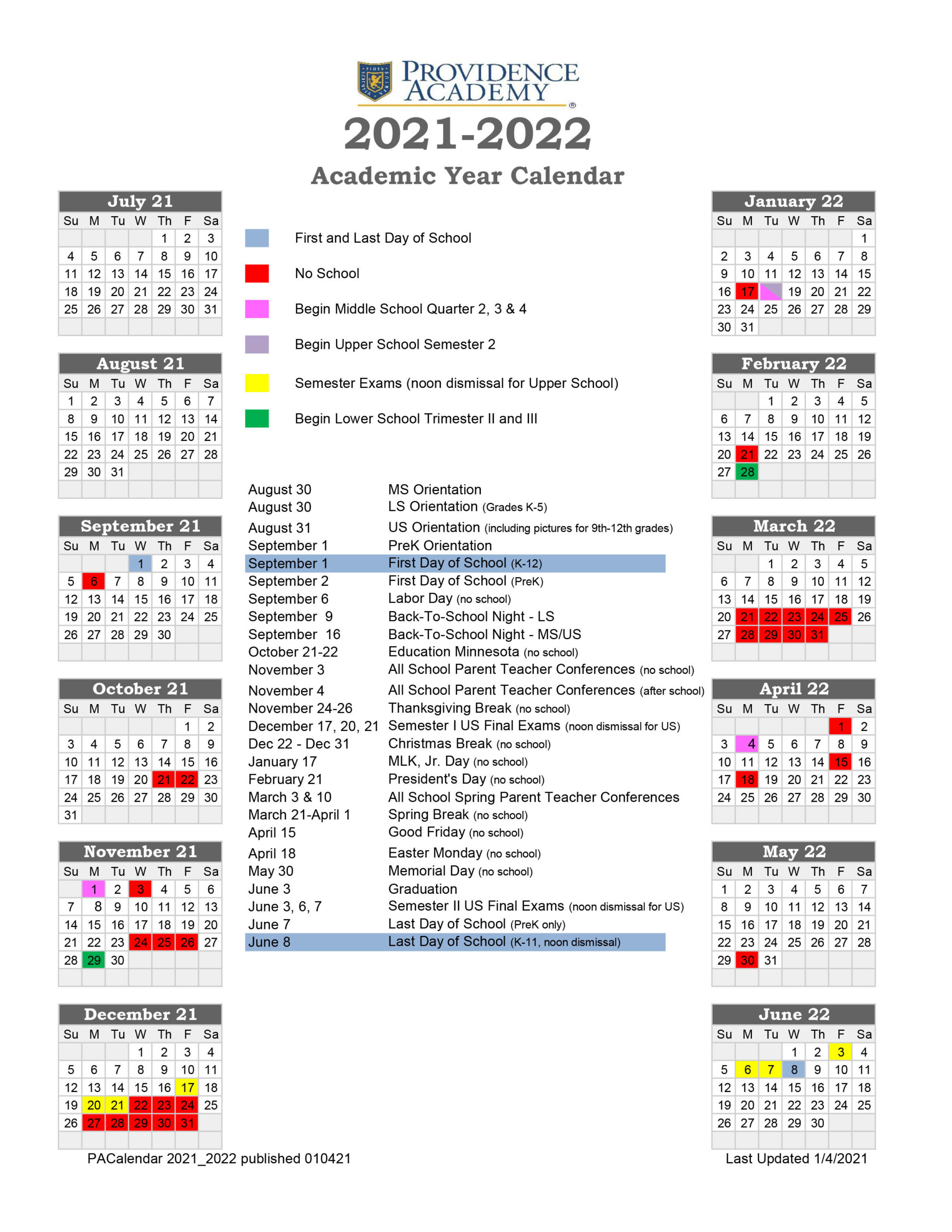 Academic Calendar Providence Academy