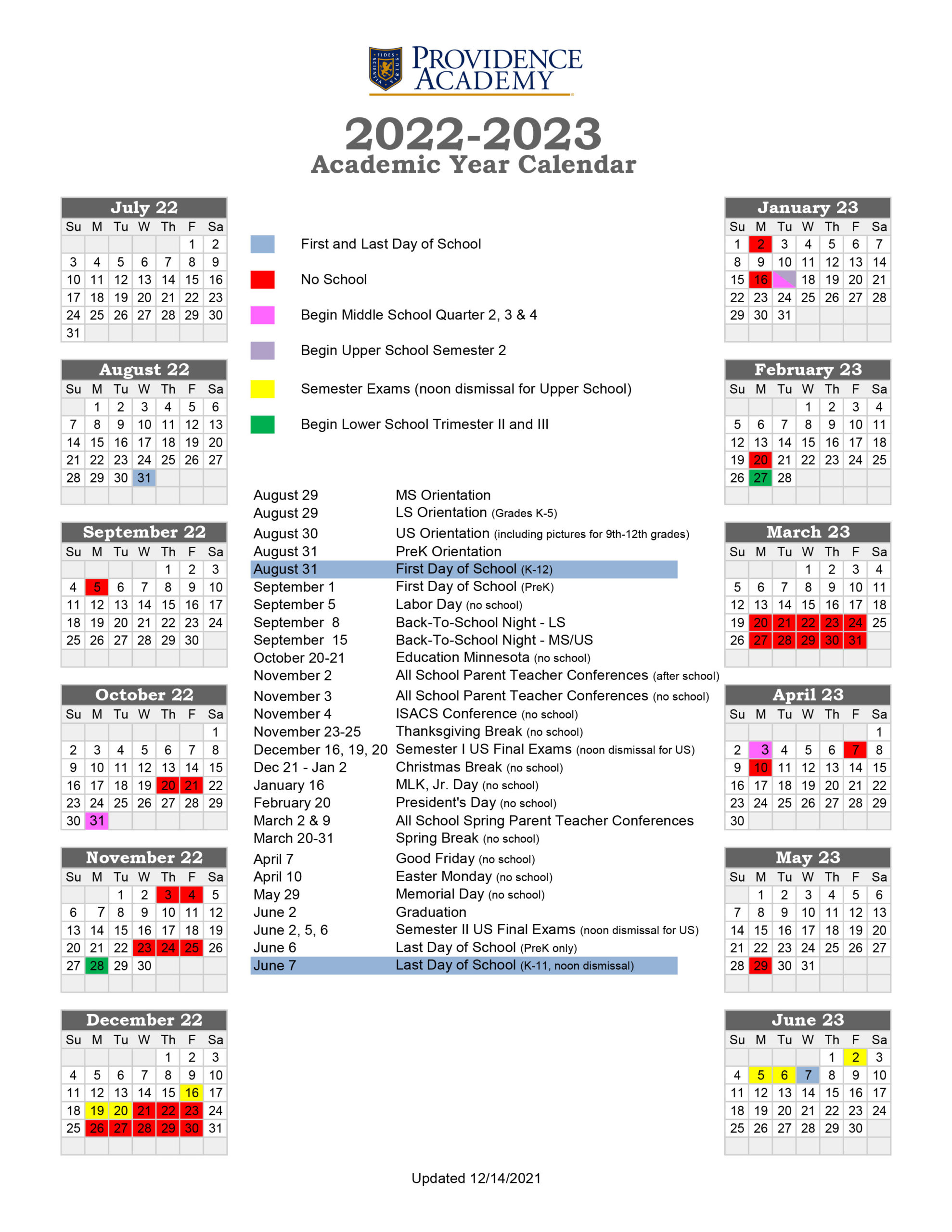 Academic Calendar Providence Academy
