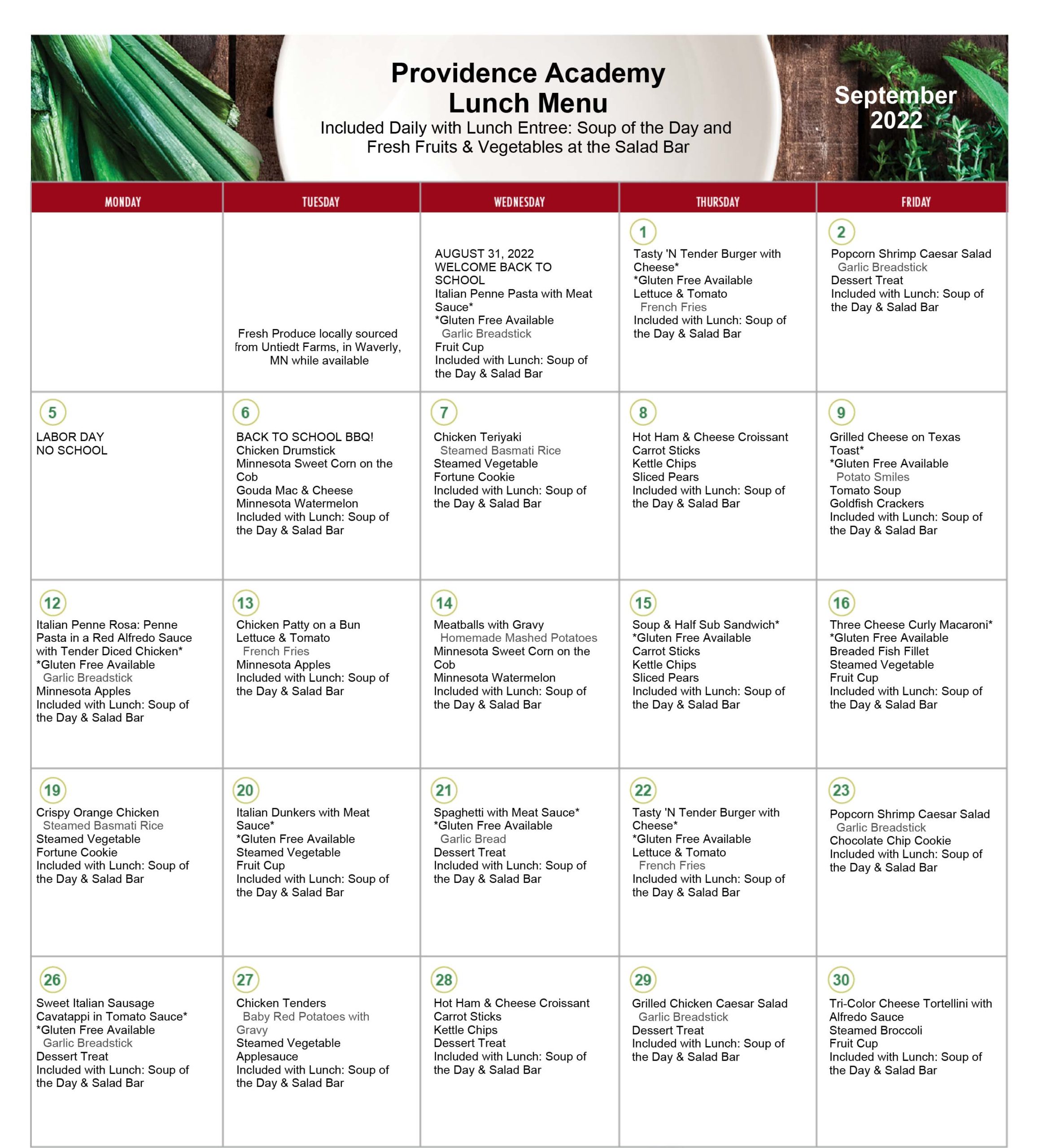 Lunch Menu Providence Academy