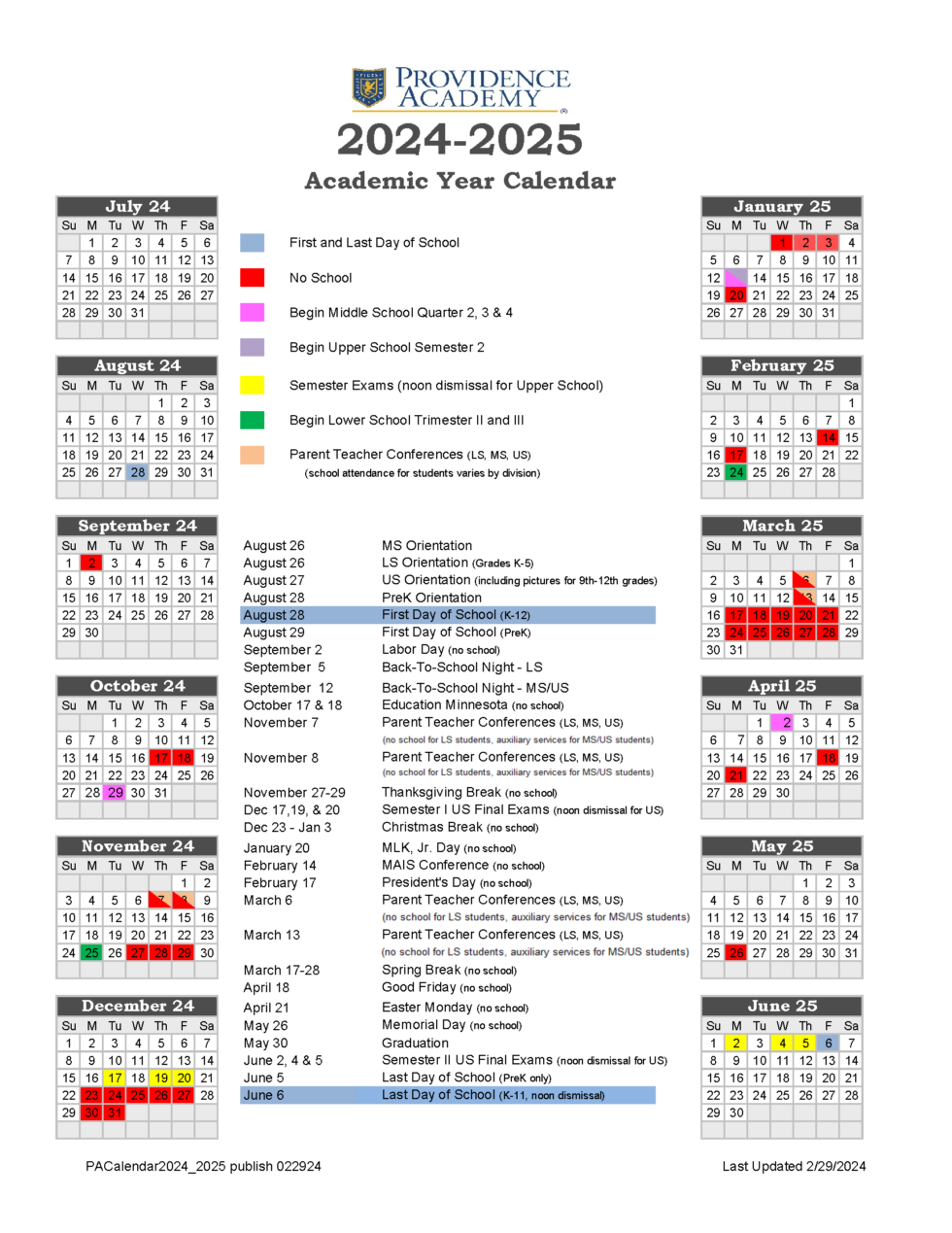 Academic Calendar Providence Academy