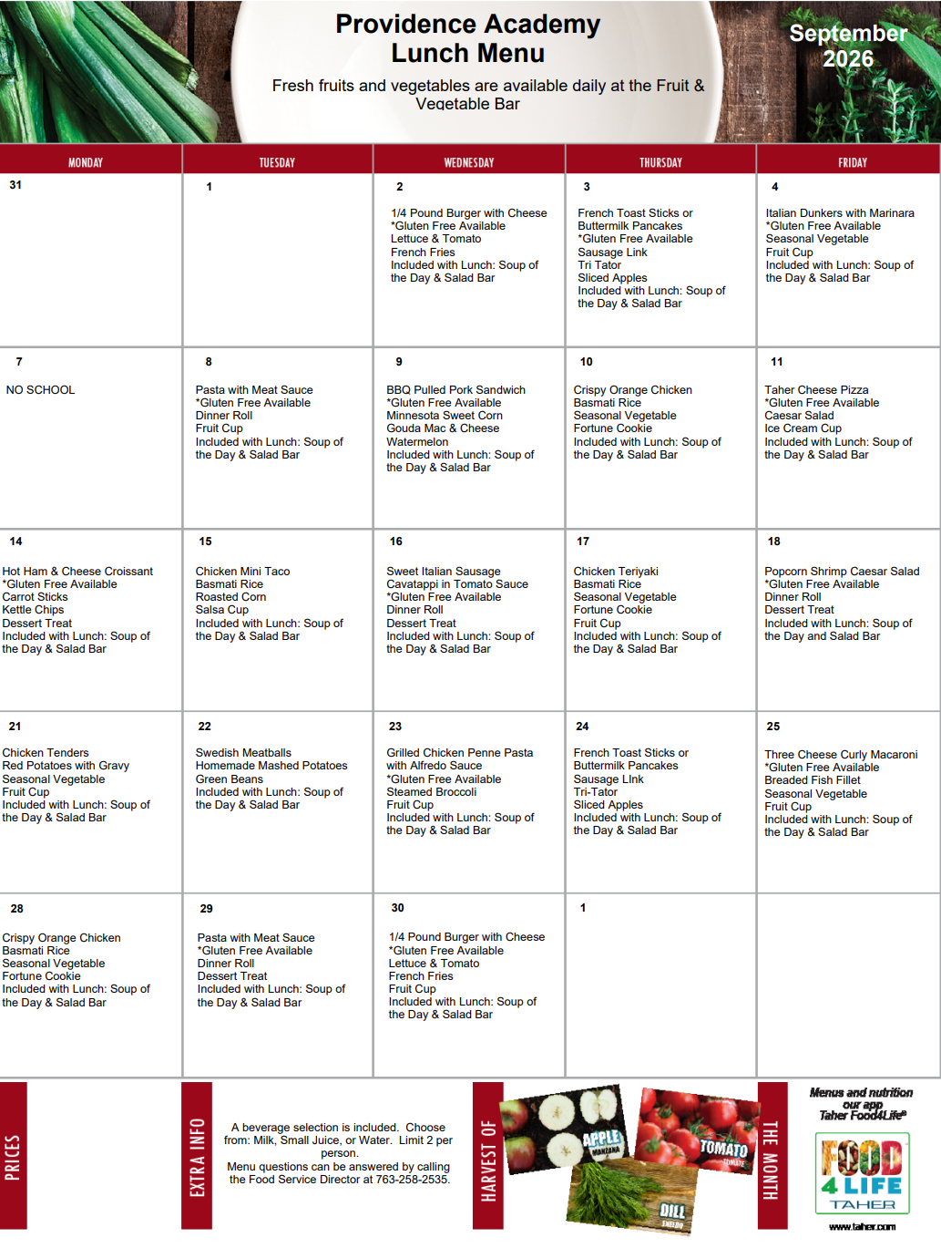 Providence Academy lunch menu for September 2026
