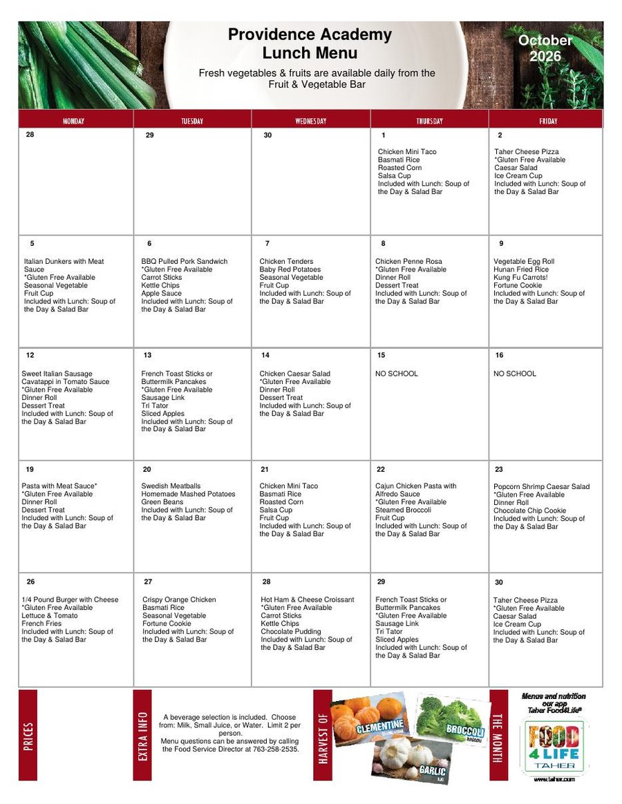 Providence Academy lunch menu for October 2026
